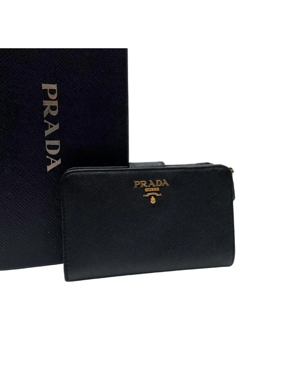 Prada Logo Saffiano Leather Bifold Wallet Black Compact